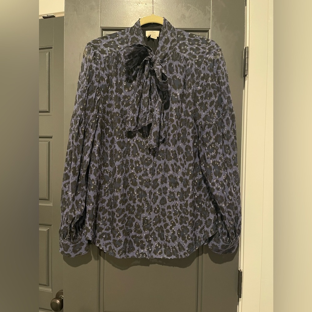 KATE SPADE WILD ONES NAVY LEOPARD CLIP DOT BOW BLOUSE SIZE XL GENTLY WORN